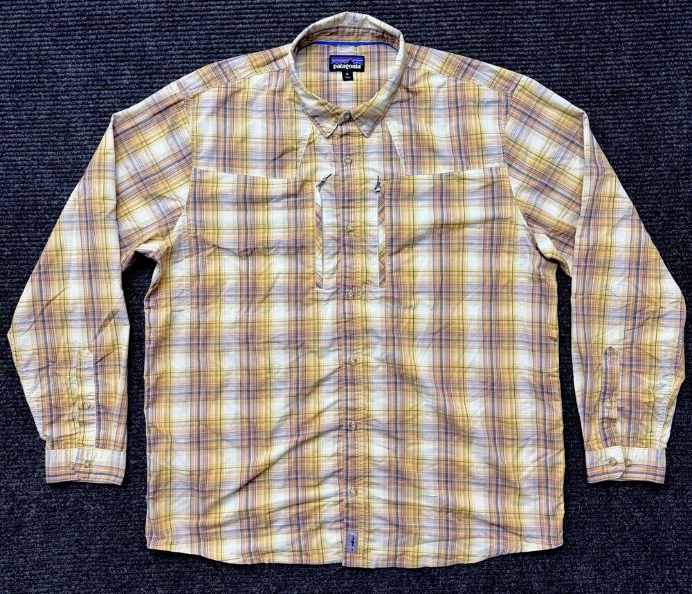Patagonia Sun Stretch Men’s XL Plaid Long Sleeve Shirt Yellow Blue Tan Fishing
